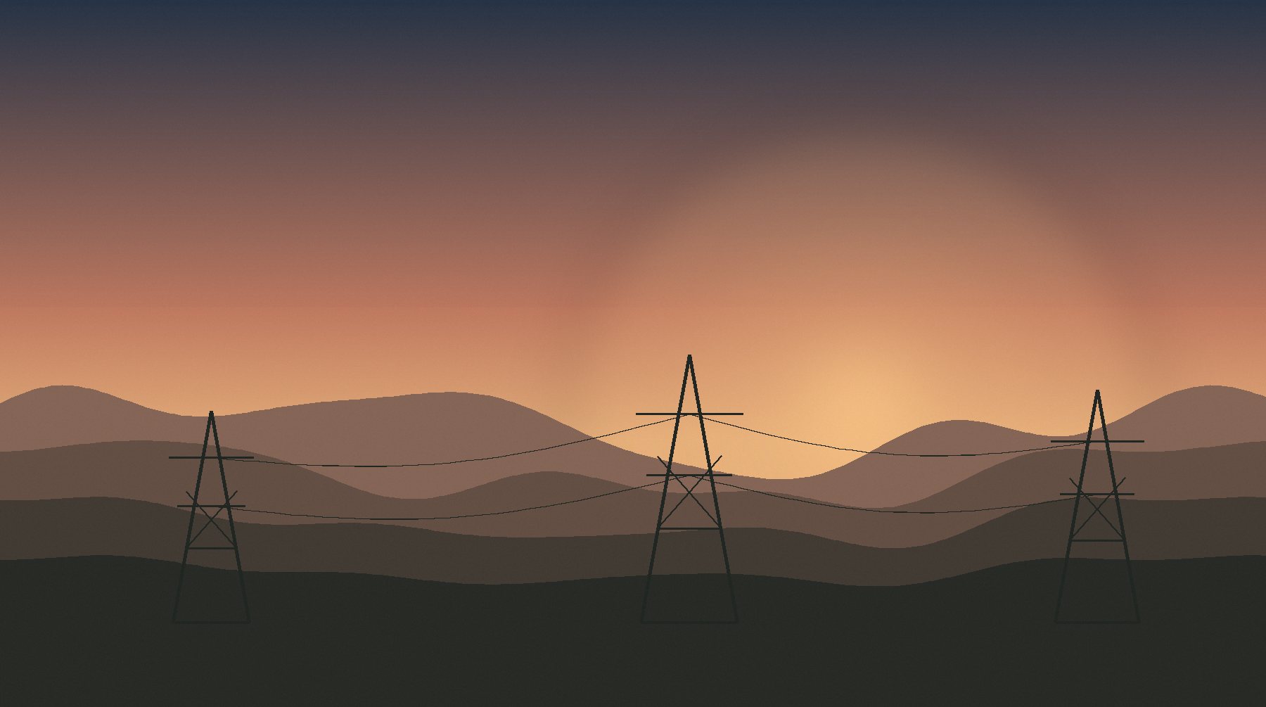 Ilustración de un barrio de casas sobre una ladera al atardecer.