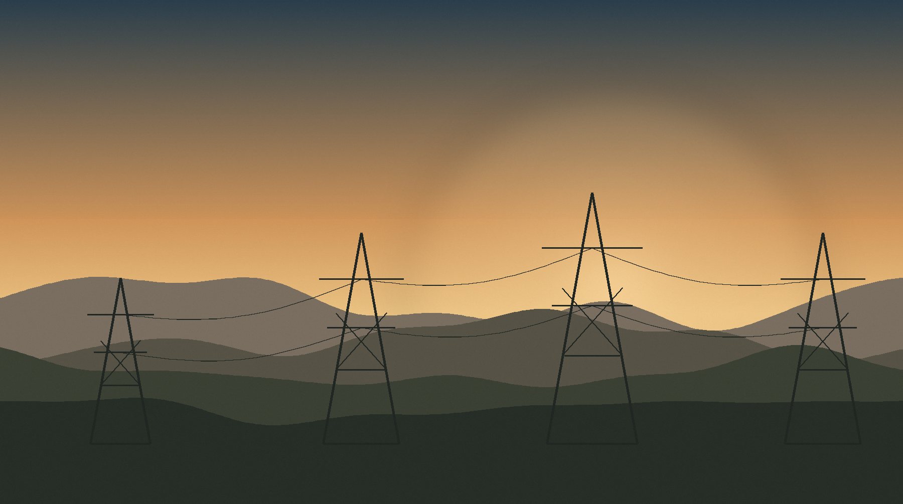 Ilustración de torres de alta tensión sobre colinas al atardecer.